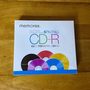 Memorex CD-R 52X 700MB‎ 80min Recordable Blank Disc 5 Pack Cool Colors